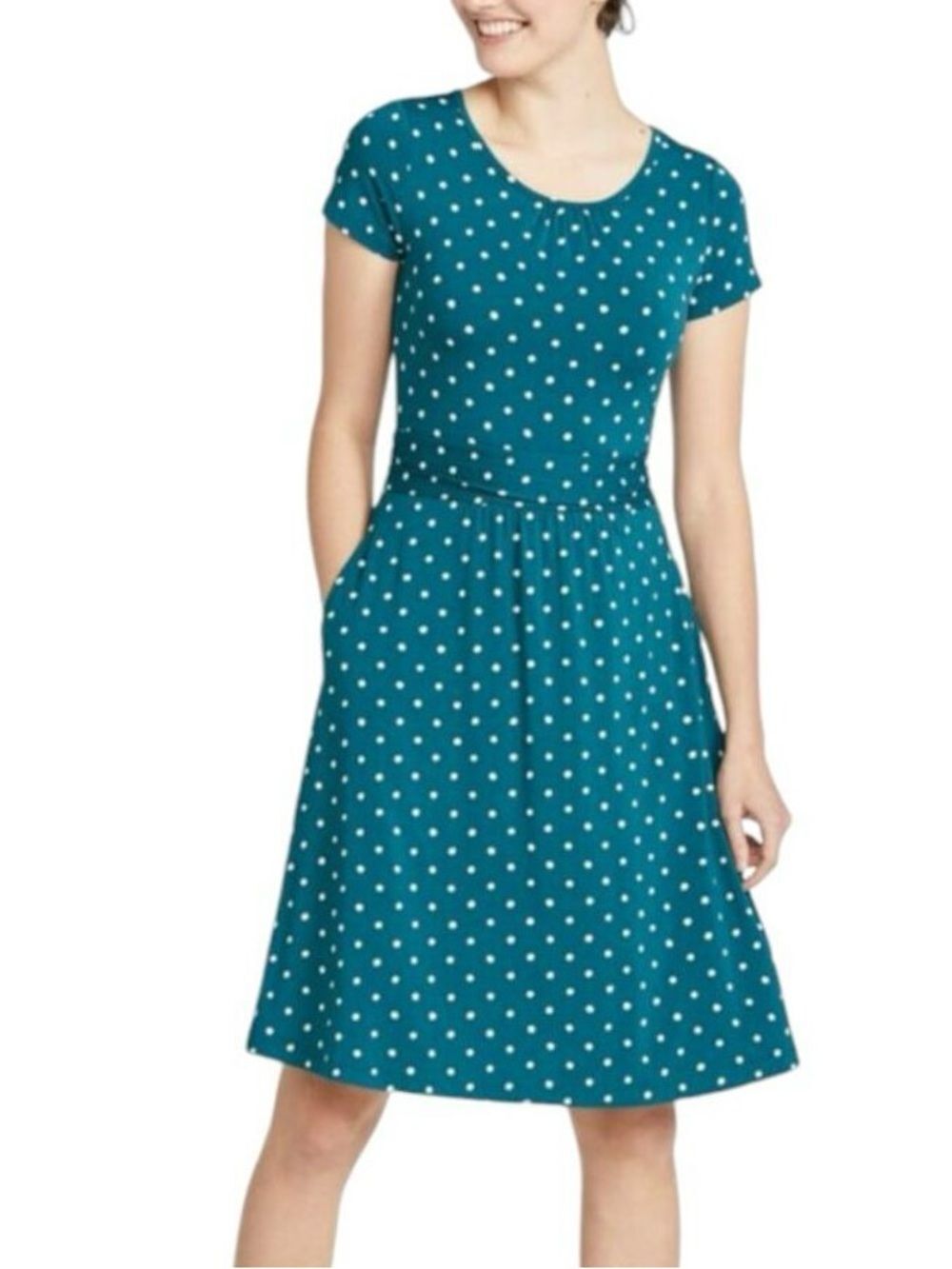 L.L. Bean Teal Jersey Knit Fit & Flare Short Sleeve Dress Polka Dot Size Medium